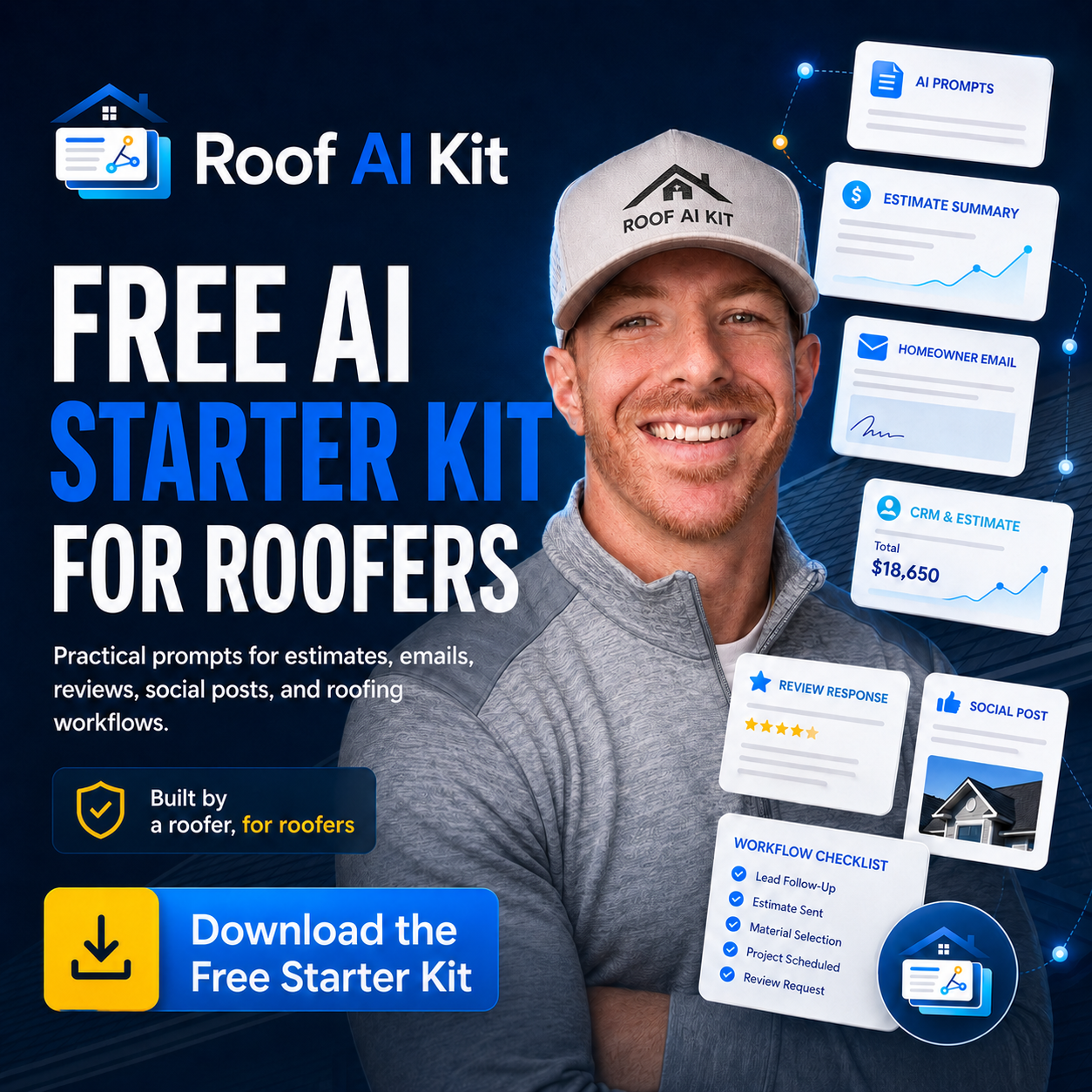 Roof AI Kit preview showing prompts, estimate summary, homeowner email, CRM, review response, and workflow checklist